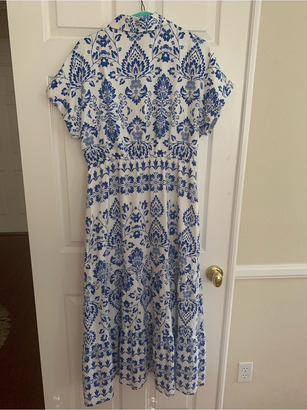 NWT Sam Edelman Dress: White, Blue Print, Button Close, V-Neck, Elastic Waist 12 - Picture 2 of 16